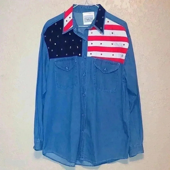Clodia Dee denim Stars and Strips Shirt Size L - Picture 1 of 7